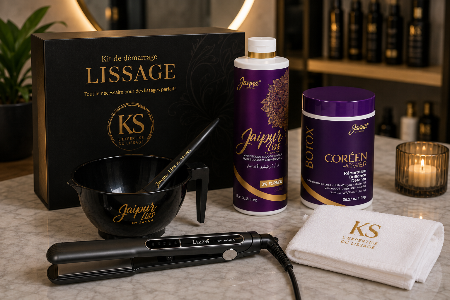 Pack offert ULTRALISS Academy — kit de démarrage : cape, bol, pinceau et lissage professionnel