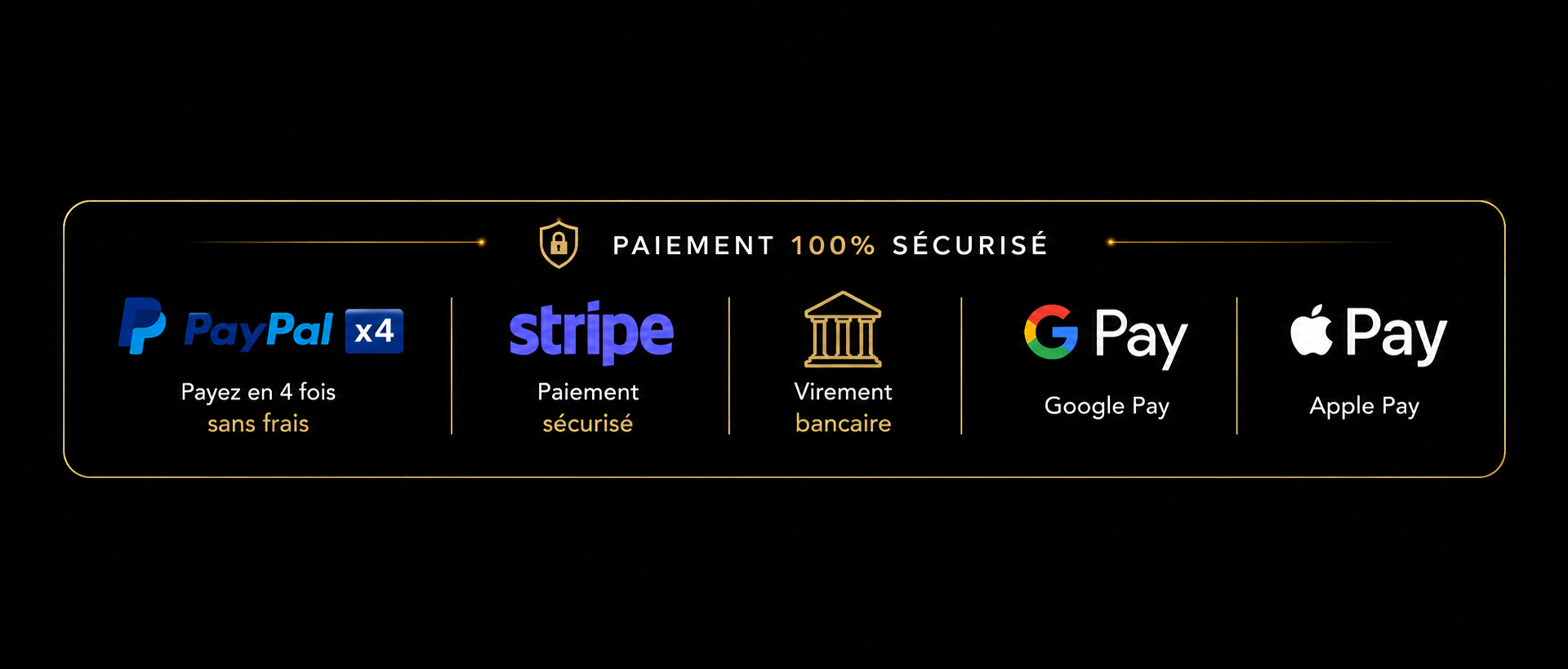 Paiement 100% sécurisé : PayPal x4, Stripe, virement bancaire, Google Pay, Apple Pay
